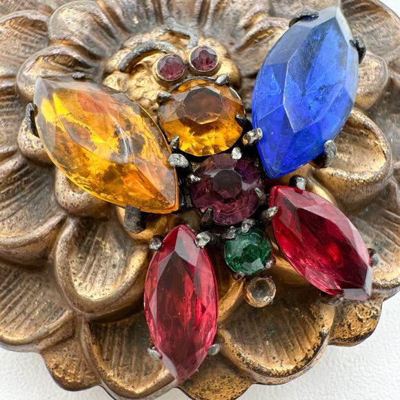 Gold Tone Floral Butterfly Brooch Likely Czech Art Glass Multi-Color c 1930s-40s - Picture 4 of 13